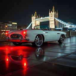 A stunning 1950s convertible car, artfully modified to blend the luxurious features of an Aston Martin DB5 with the sporty essence of a Chevrolet Corvette