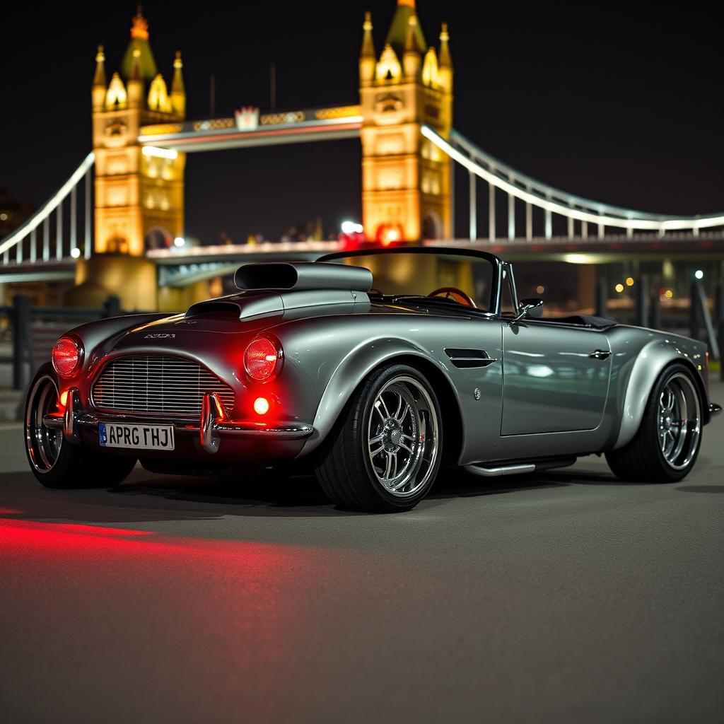 A modified 1950s convertible that combines elements of an Aston Martin DB5 and a Chevrolet Corvette