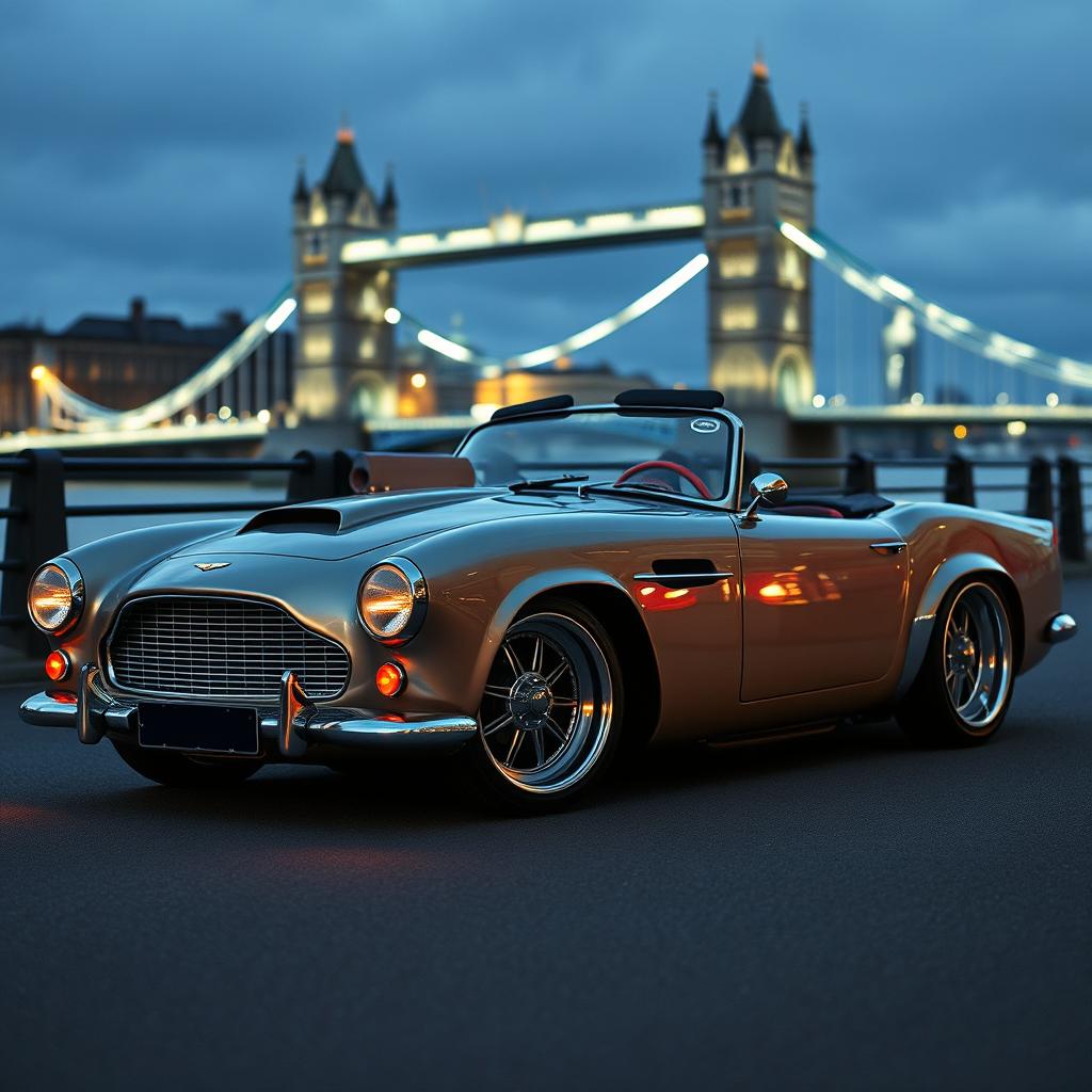 A modified 1950s convertible that combines elements of an Aston Martin DB5 and a Chevrolet Corvette