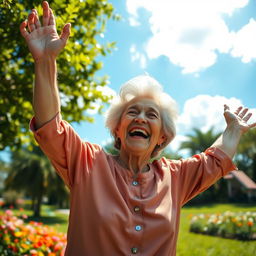 A joyful elderly person exuding happiness, captured in a vibrant outdoor setting