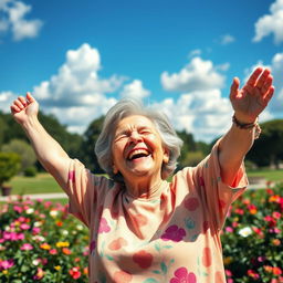 A joyful elderly person exuding happiness, captured in a vibrant outdoor setting