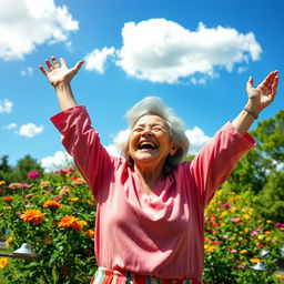 A joyful elderly person exuding happiness, captured in a vibrant outdoor setting