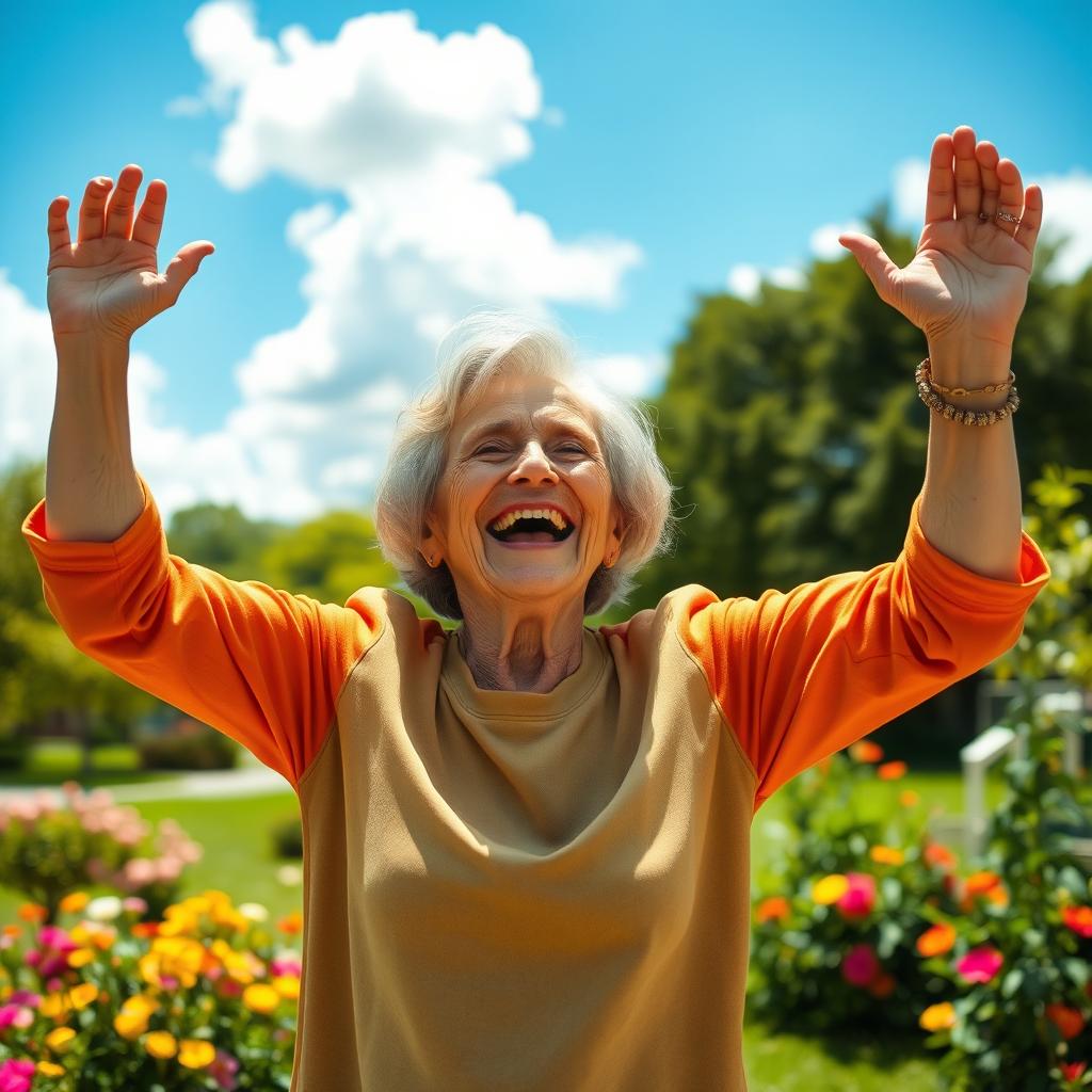 A joyful elderly person exuding happiness, captured in a vibrant outdoor setting