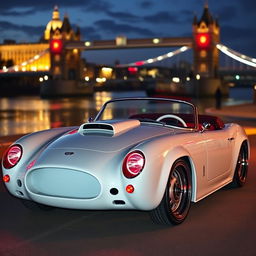 A modified 1950s convertible that creatively merges elements of an Aston Martin DB5, a Shelby Cobra, and a Chevrolet Corvette