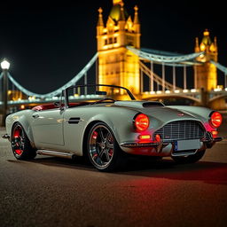 A modified 1950s convertible that creatively merges elements of an Aston Martin DB5, a Shelby Cobra, and a Chevrolet Corvette