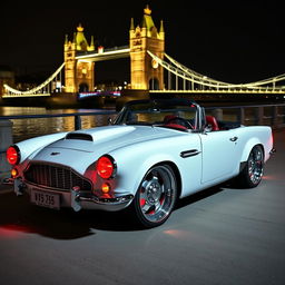 A modified 1950s convertible that creatively merges elements of an Aston Martin DB5, a Shelby Cobra, and a Chevrolet Corvette