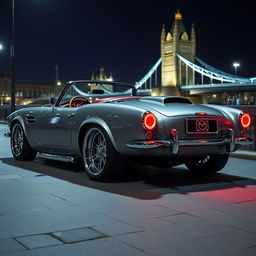 A modified 1950s convertible, blending features of an Aston Martin DB5, a Shelby Cobra, and a Chevrolet Corvette