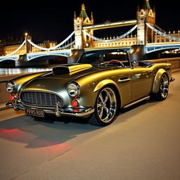 A modified 1950s convertible, blending features of an Aston Martin DB5, a Shelby Cobra, and a Chevrolet Corvette