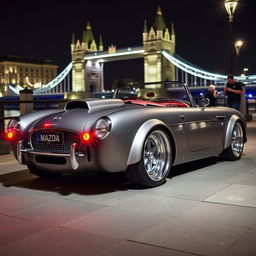 A modified 1950s convertible, blending features of an Aston Martin DB5, a Shelby Cobra, and a Chevrolet Corvette