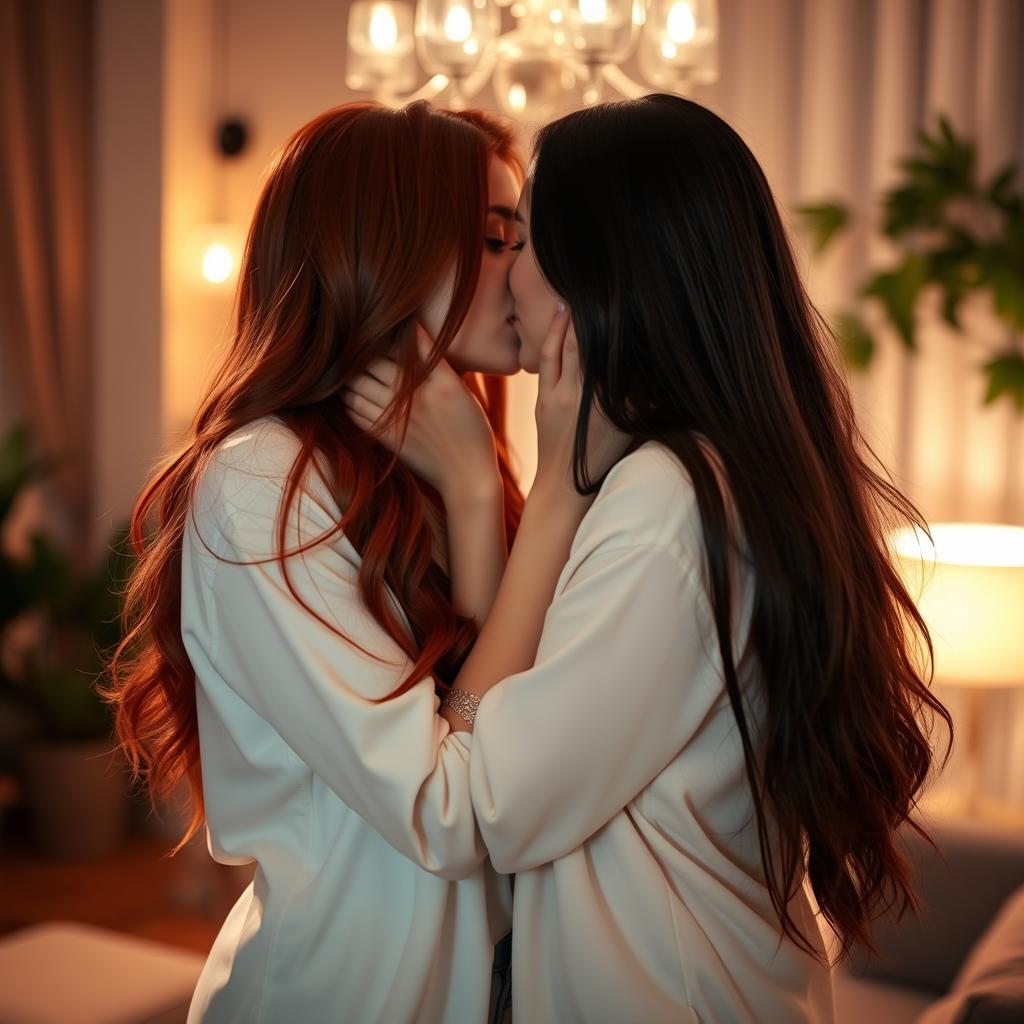 Two attractive women passionately kissing in an intimate setting, surrounded by soft lighting that creates a romantic ambiance