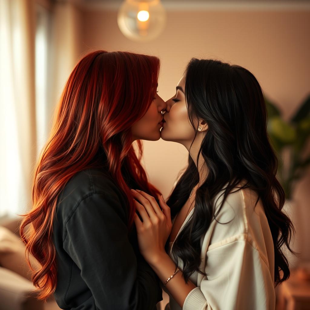 Two attractive women passionately kissing in an intimate setting, surrounded by soft lighting that creates a romantic ambiance