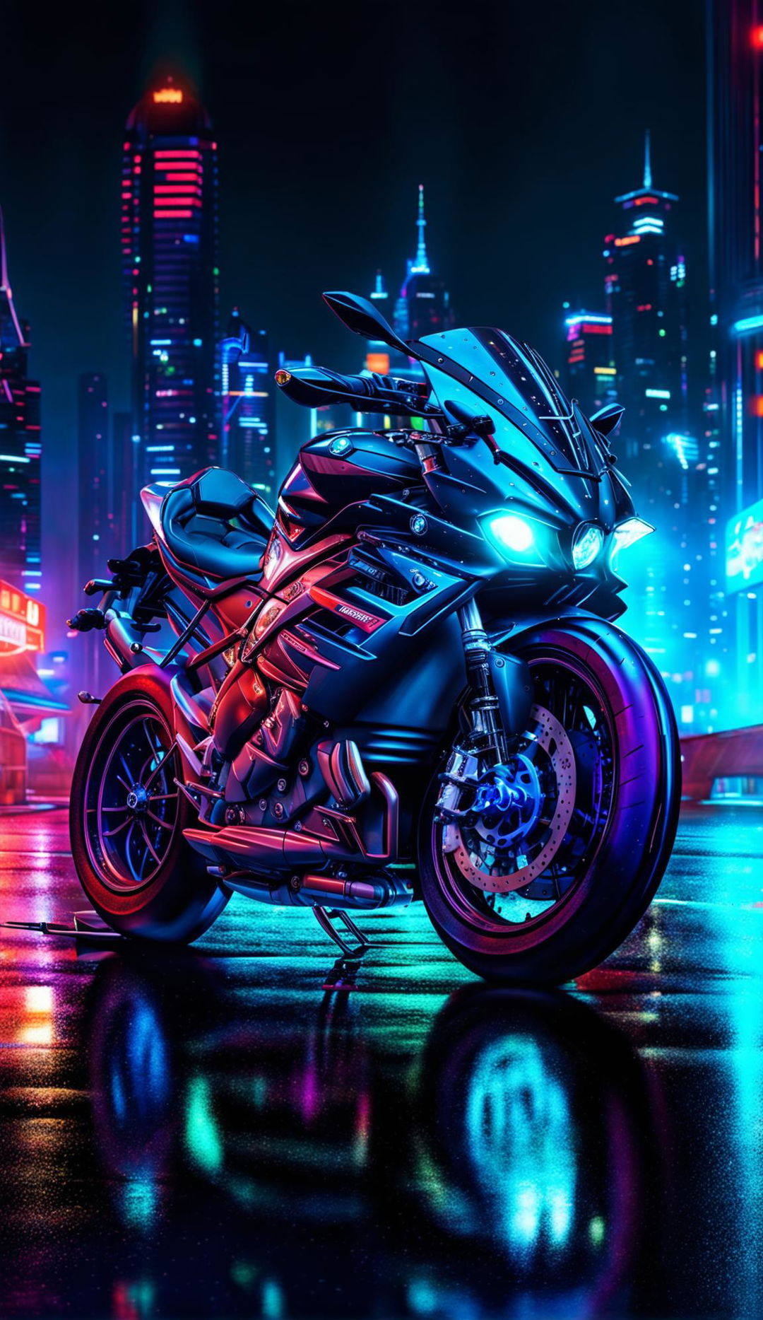 A futuristic cyberpunk BMW S1000RR motorcycle in a neon-lit cityscape.