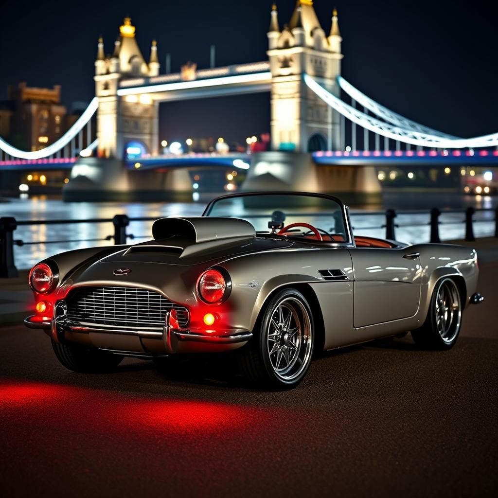 A modified 1950s convertible, merging elements from an Aston Martin DB5, a Shelby Cobra, and a Chevrolet Corvette