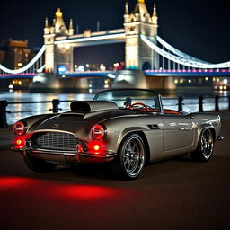 A modified 1950s convertible, merging elements from an Aston Martin DB5, a Shelby Cobra, and a Chevrolet Corvette
