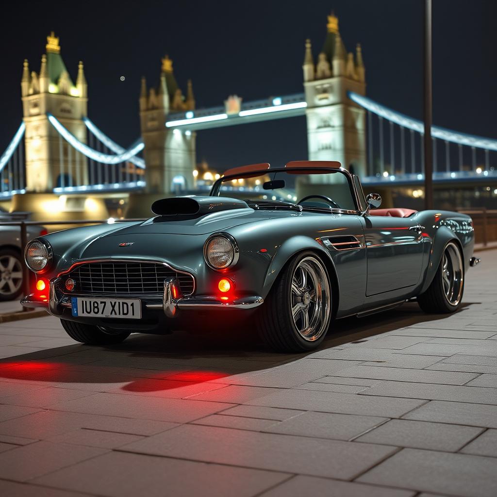 A modified 1950s convertible, merging elements from an Aston Martin DB5, a Shelby Cobra, and a Chevrolet Corvette