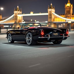 A modified 1950s convertible, merging elements from an Aston Martin DB5, a Shelby Cobra, and a Chevrolet Corvette