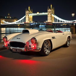 A modified 1950s convertible, merging elements from an Aston Martin DB5, a Shelby Cobra, and a Chevrolet Corvette