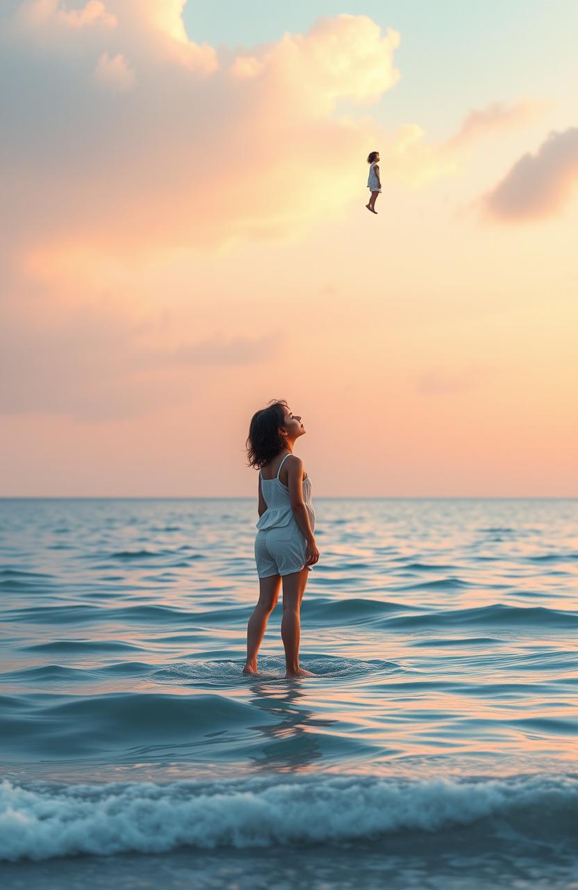 A serene scene depicting a person standing in the ocean, gazing at the sky