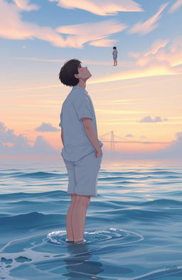 A serene scene depicting a person standing in the ocean, gazing at the sky