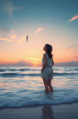 A serene scene depicting a person standing in the ocean, gazing at the sky