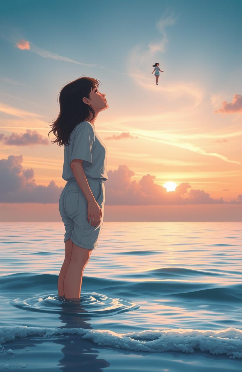 A serene scene depicting a person standing in the ocean, gazing at the sky