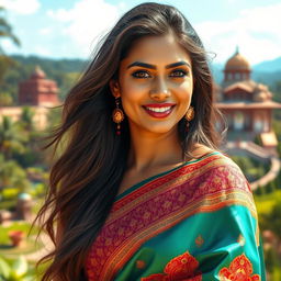 A stunning Indian woman with long flowing hair, wearing a vibrant traditional saree adorned with intricate patterns and rich colors