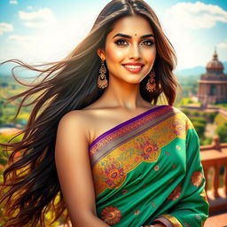 A stunning Indian woman with long flowing hair, wearing a vibrant traditional saree adorned with intricate patterns and rich colors