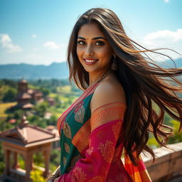 A stunning Indian woman with long flowing hair, wearing a vibrant traditional saree adorned with intricate patterns and rich colors