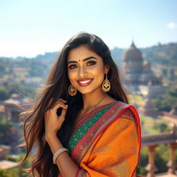 A stunning Indian woman with long flowing hair, wearing a vibrant traditional saree adorned with intricate patterns and rich colors