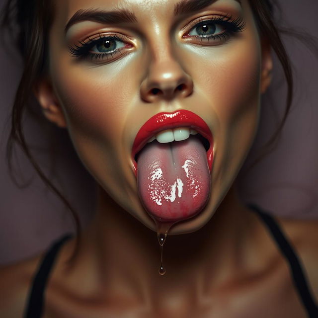 A seductive woman with an alluring expression, showcasing an abundance of saliva in her mouth, highlighting her sensuality