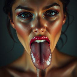 A seductive woman with an alluring expression, showcasing an abundance of saliva in her mouth, highlighting her sensuality