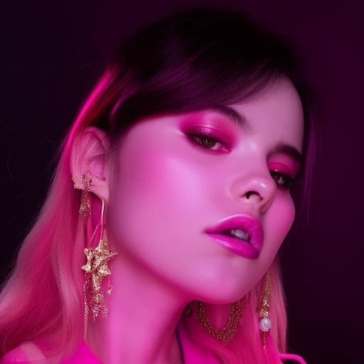 A stylish girl in a striking aesthetic of black, red, baby pink, purple, gold, and white.