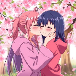 Sakura Haruno lovingly kissing Hinata Hyuga, both characters are illustrated in a vibrant anime style