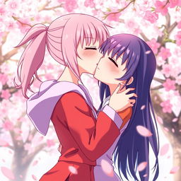 Sakura Haruno lovingly kissing Hinata Hyuga, both characters are illustrated in a vibrant anime style