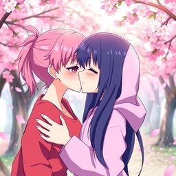 Sakura Haruno lovingly kissing Hinata Hyuga, both characters are illustrated in a vibrant anime style