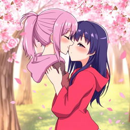 Sakura Haruno lovingly kissing Hinata Hyuga, both characters are illustrated in a vibrant anime style