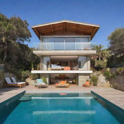 A small modern beach house with a compact front pool, characterized by its hippie vibes with boho-chic decor, uses of colorful textiles and offering stunning views of the beach and ocean.