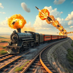 An imaginative military train depicted in an endless loop, showcasing its powerful engines and complex systems as it speeds along a circular railway