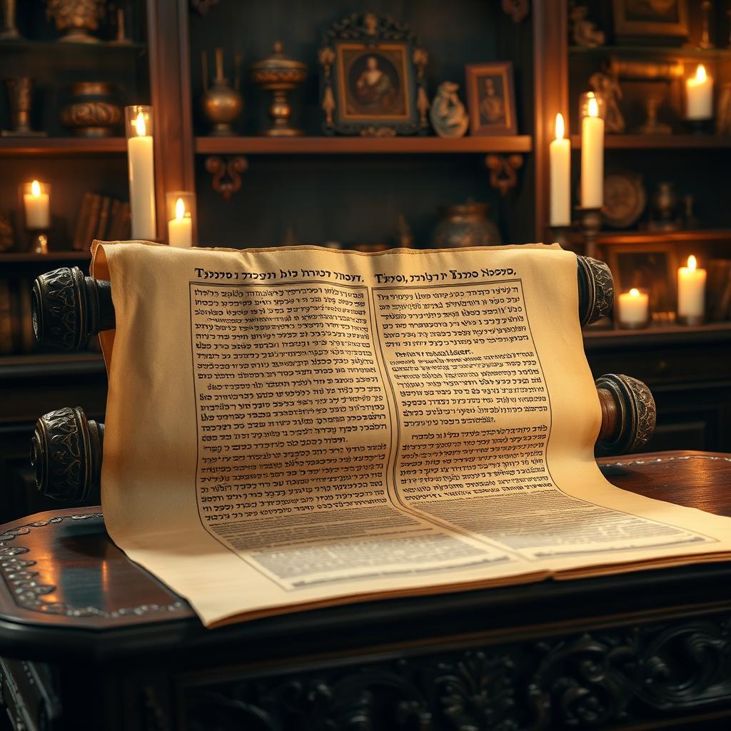 An elegant and ancient Torah scroll, beautifully unrolled to reveal its intricate Hebrew script