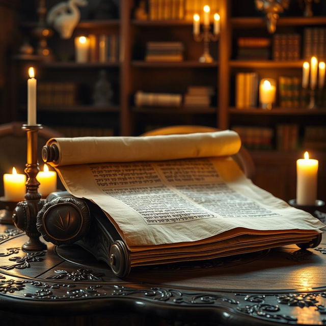 An elegant and ancient Torah scroll, beautifully unrolled to reveal its intricate Hebrew script