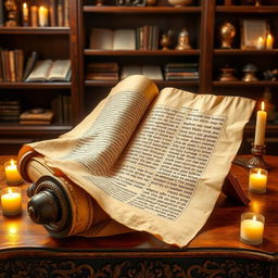 An elegant and ancient Torah scroll, beautifully unrolled to reveal its intricate Hebrew script