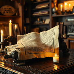 An elegant and ancient Torah scroll, beautifully unrolled to reveal its intricate Hebrew script