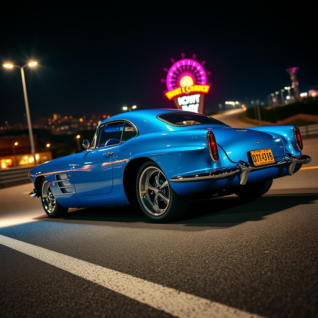 A stunning 1950s style resto-mod sports car, showcased in a beautiful blue color with shining chrome accents