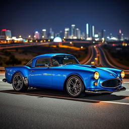 A stunning 1950s style resto-mod sports car, showcased in a beautiful blue color with shining chrome accents