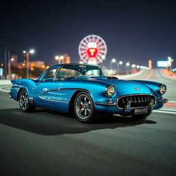 A stunning 1950s style resto-mod sports car, showcased in a beautiful blue color with shining chrome accents