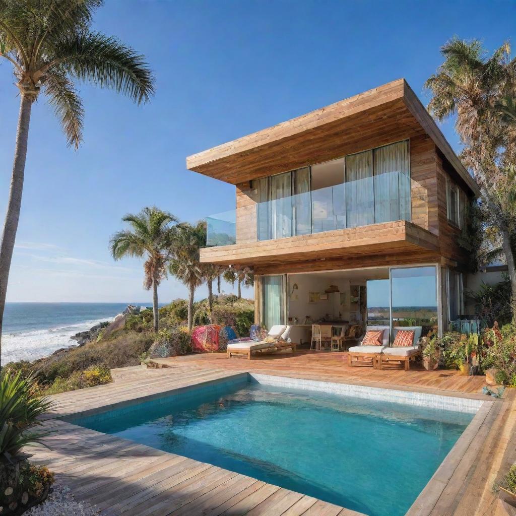 A small modern beach house with a compact front pool, characterized by its hippie vibes with boho-chic decor, uses of colorful textiles and offering stunning views of the beach and ocean.