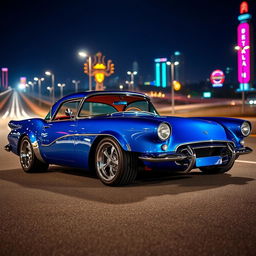 A stunning 1950s style resto-mod sports car, showcased in a beautiful blue color with shining chrome accents