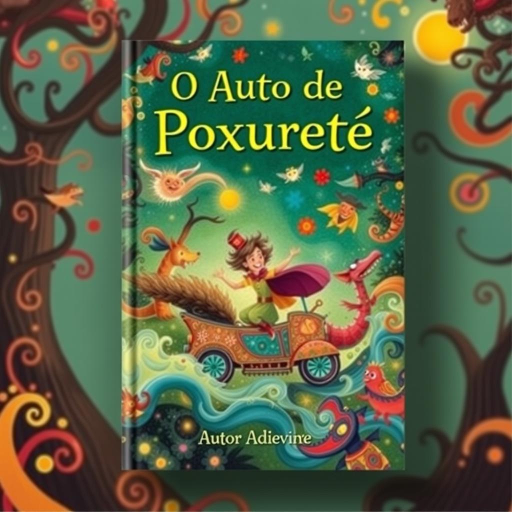 A book cover design for 'O Auto de Poxuretê', incorporating elements of folklore and whimsy