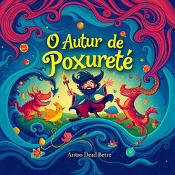 A book cover design for 'O Auto de Poxuretê', incorporating elements of folklore and whimsy