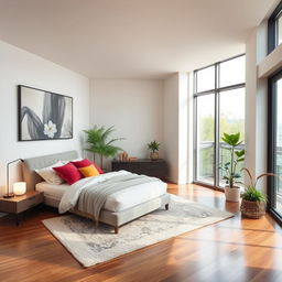 A modern bedroom interior, featuring a sleek design and minimalist decor